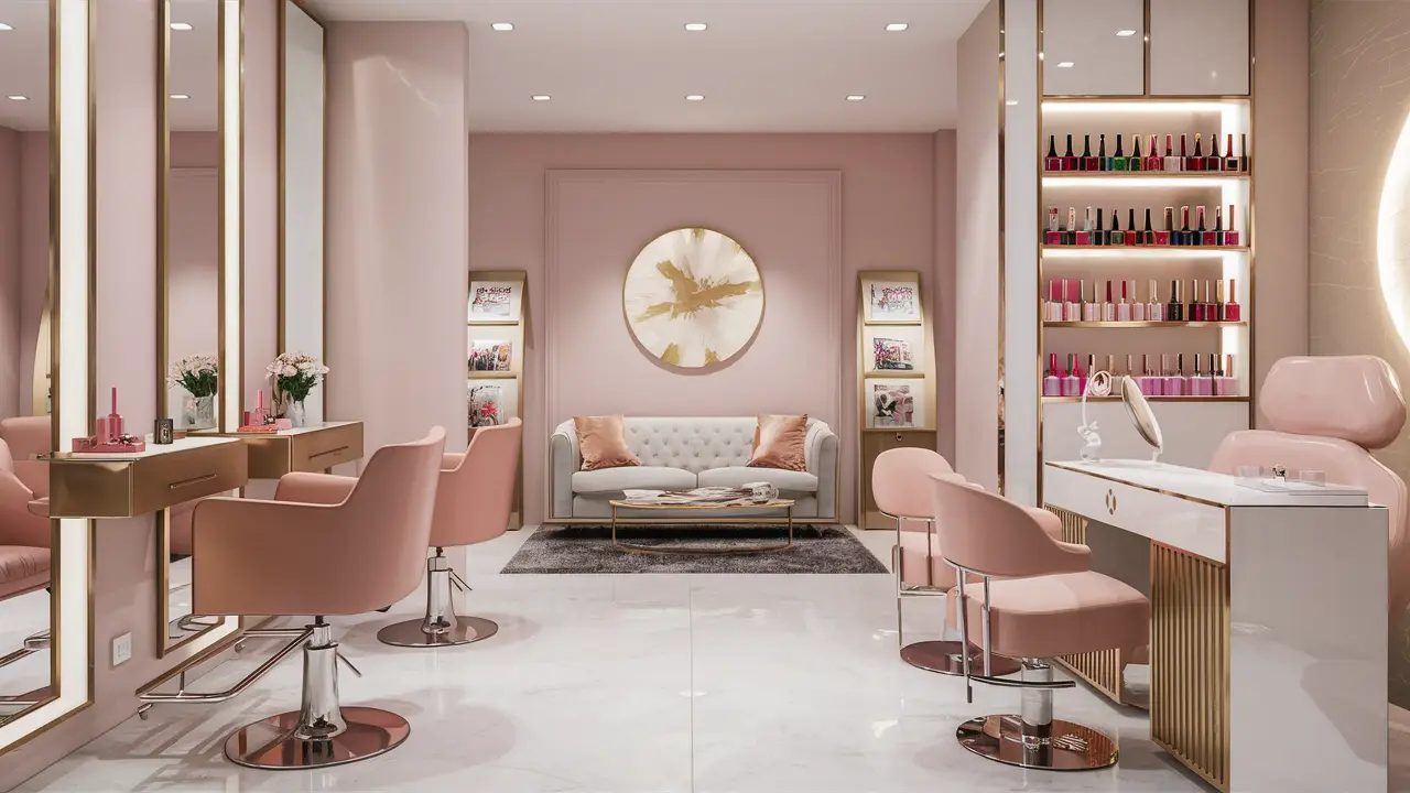 Salao de beleza moderno com cadeira, iluminacao e produtos